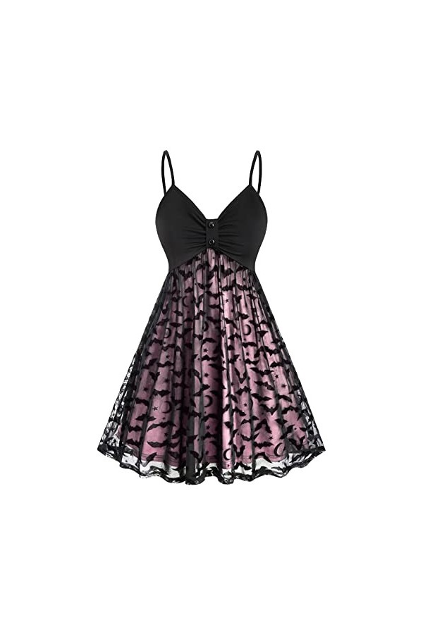 VIRACIN Femmes Vintage Halloween Imprimer Sling Double Couche Mousseline de Soie Maille V Cou Robe Vintage Robe Jupe Accessoi