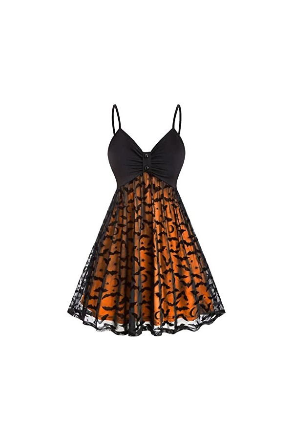 VIRACIN Femmes Vintage Halloween Imprimer Sling Double Couche Mousseline de Soie Maille V Cou Robe Vintage Robe Jupe Accessoi