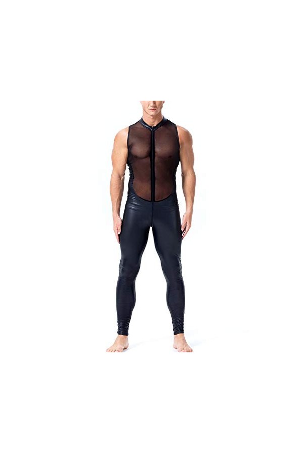 Combinaison En Cuir Pour Homme Avec Coutures En Maille Sur Le Devant Charol Club Nocturne Attrayant Pièce Combinaison Pantalo