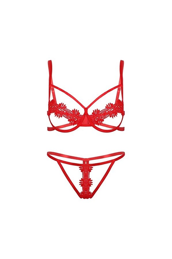 YIJIAN Soutien-Gorge en Dentelle Transparente pour Femmes Creux Sortir de la Poitrine Panties G-String Lingerie Color : Red,