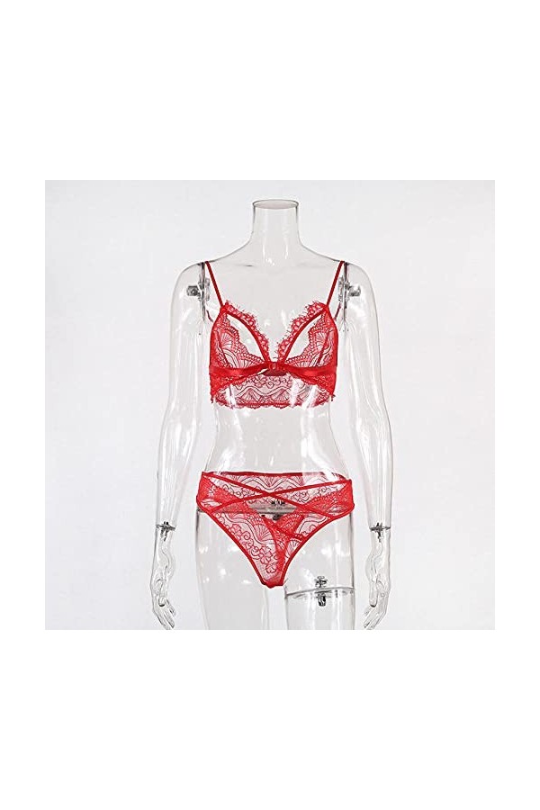 MLLM Ensemble soutien-gorge à bretelles et culotte en dentelle sexy à trois points Noir Taille M