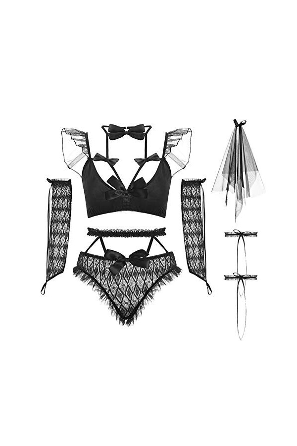 SINMIUANIME Lingerie de mariée sexy anime tenue de soubrette soutien-gorge et culotte ensembles dentelle oversleeve mignon, 7