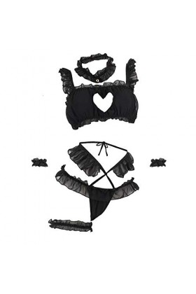 JUGUU Ensembles De Lingerie Femme Cosplay Col en V Profond Femme De Chambre Dentelle Nuisette Érotique Mignon Uniforme-Noir_T