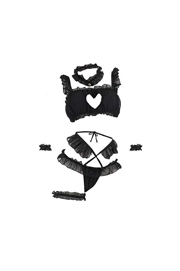 JUGUU Ensembles De Lingerie Femme Cosplay Col en V Profond Femme De Chambre Dentelle Nuisette Érotique Mignon Uniforme-Noir_T