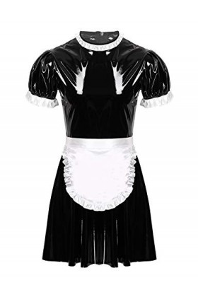 YiZYiF Costume Soubrette Homme Robe de Chambre Cuir Sissy Lingerie Erotique pour Soirée Club Gay M-XXL Noir L