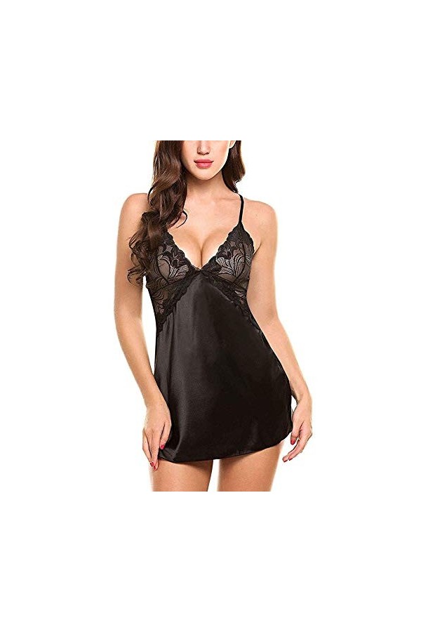 sous Vetement Sexy Femme Sexy Lingerie Femmes Col V Profond Sling Lisse Chemise Babysuit One-Piece Bodysuit Noir 06 Color : 