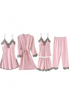 RougeChemise de Nuit Sexy Femme Homewear Imitation Soie Lingerie érotique Pyjama Ensemble Cinq pièces, Noir, XL