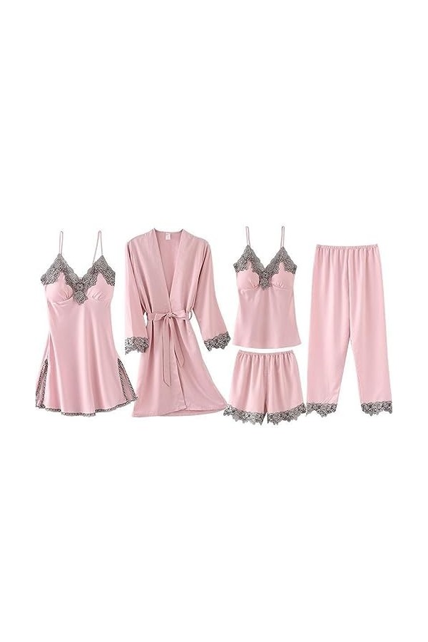 RougeChemise de Nuit Sexy Femme Homewear Imitation Soie Lingerie érotique Pyjama Ensemble Cinq pièces, Noir, XL