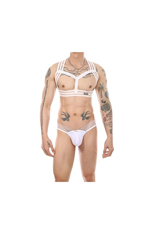 Sous-vêtements de sport pour homme - Jockstrap - Sous-vêtements sexy - Demi-corps - Harnais - Lingerie gay, Blanc 3, L