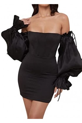 ELizoop Épaule Dénudée pour Femmes Wrap Sexy Puff Sleeve Robe élégante Party Club Night Wear Noir,XL 