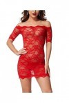 LINGERLOVE Nuisette sexy à manches longues en dentelle avec épaules dénudées pour femme, Rouge manches courtes , M/L