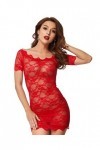 LINGERLOVE Nuisette sexy à manches longues en dentelle avec épaules dénudées pour femme, Rouge manches courtes , M/L