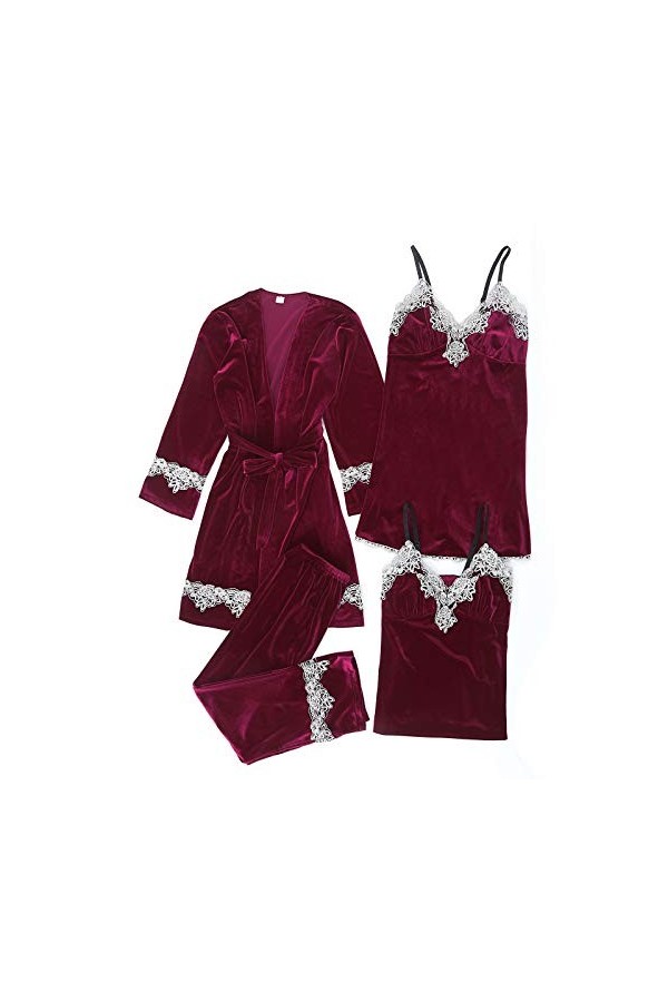Pyjama en satin 4 pièces pour femme - Col en V - Grandes tailles - Sexy - Robe de nuit - Nuisette - Pyjama - Uniformes - Sous