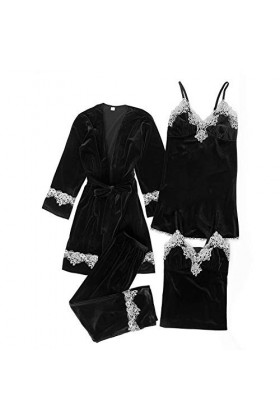 Pyjama 4 pièces en satin pour femme - En coton - Mode tentation - Lingerie spaghetti - Bretelles spaghetti - Peignoir de bain