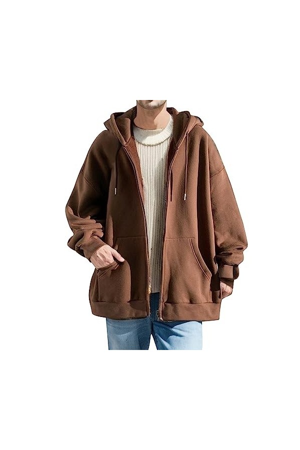 Vexiangni Sweat-shirt extensible pour homme Automne/hiver avec fermeture éclair intégrale et pull à capuche décontracté, Noir