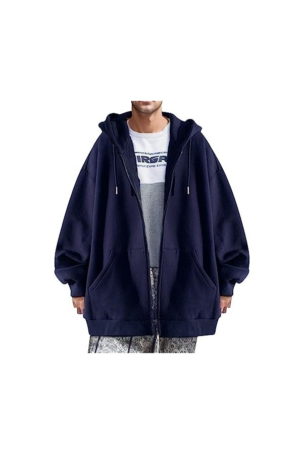 Vexiangni Sweat-shirt extensible pour homme Automne/hiver avec fermeture éclair intégrale et pull à capuche décontracté, Noir