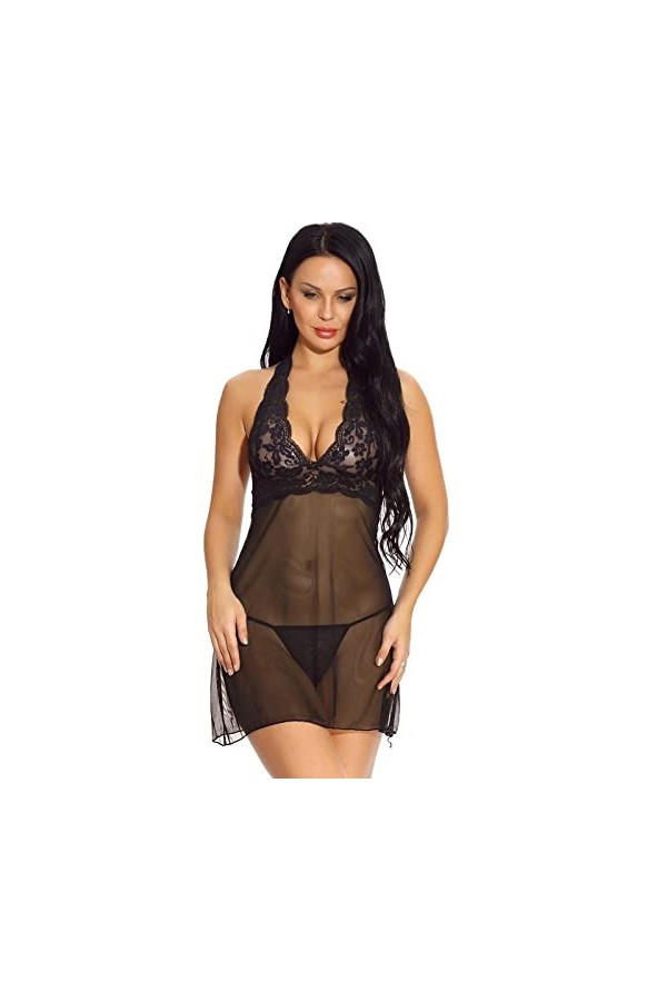 ZTIANEF Tissu en mailleSexy Licou Chemise de Nuit Lingerie érotique Pyjama, Rouge, L