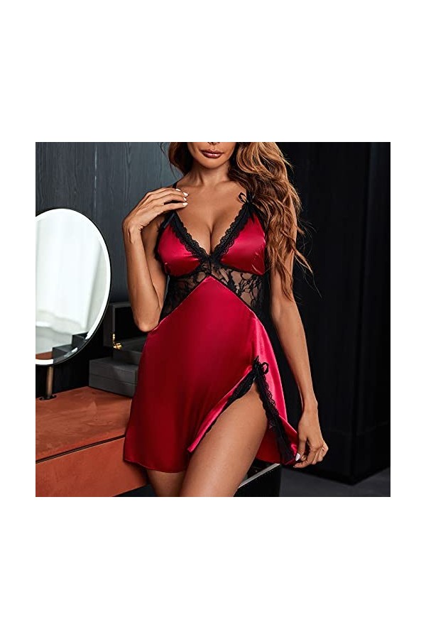MERNEL Vêtements sexuels Femmes Sexy Dentelle Vêtements de Nuit V-Cou Robe de Plage Lingerie sans Manches Chemise de Nuit Fem