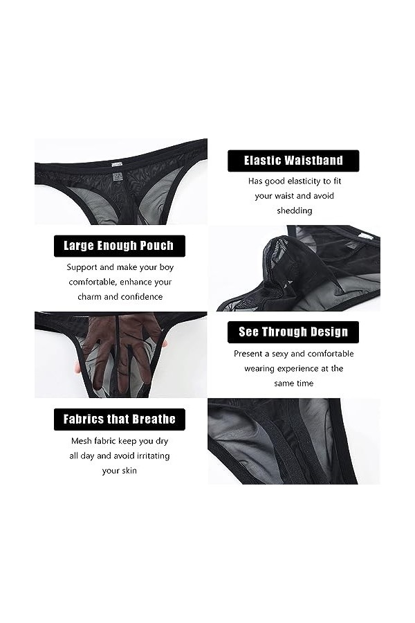 BIATWOWR String sexy taille basse en maille transparente avec pochette pour homme, 1 noir., M
