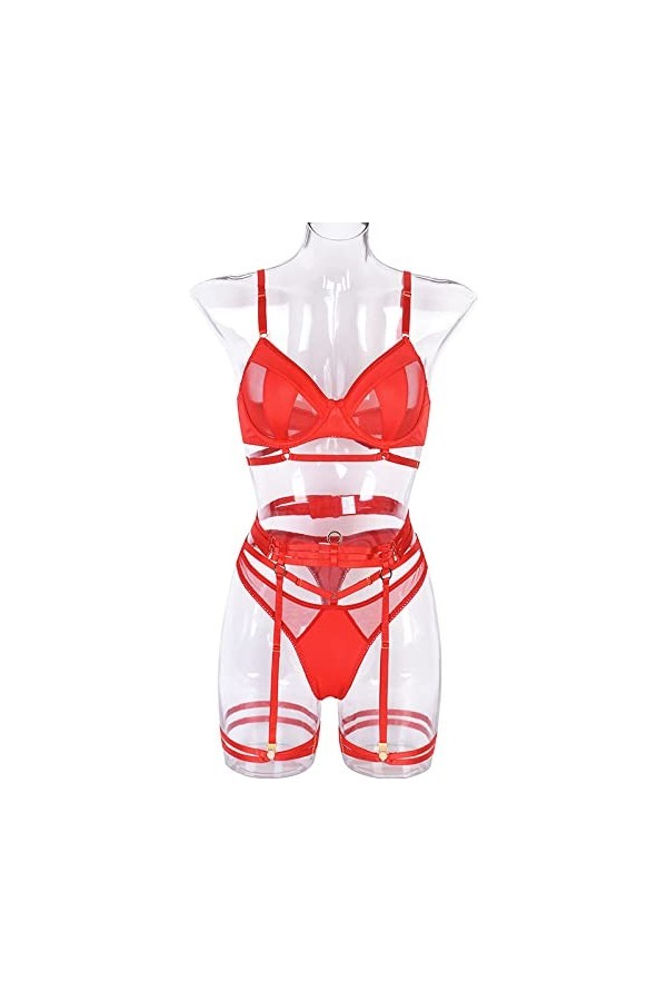 BOMEETSIA Ensemble De sous-vêtements en Maille Transparente pour Femmes, sous-vêtements Sexy À Trois Points, Soutien-Gorge Tr