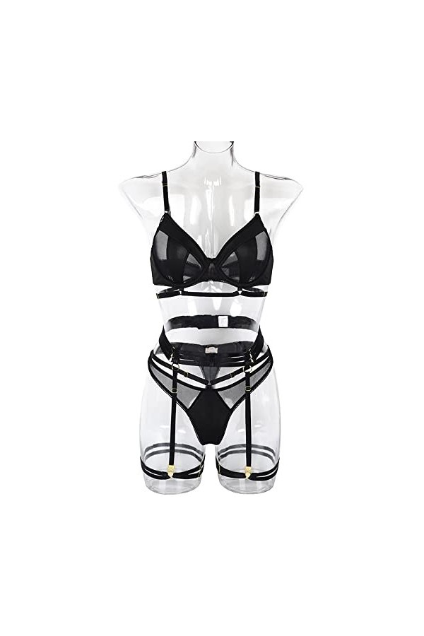 BOMEETSIA Ensemble De sous-vêtements en Maille Transparente pour Femmes, sous-vêtements Sexy À Trois Points, Soutien-Gorge Tr