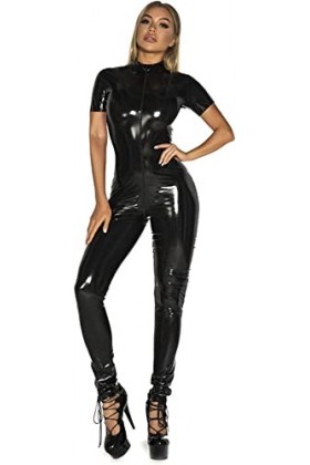 SHENGANG Women Patent Leather PU Leather Mirror Sexy Lingerie Leather Bodysuit Shiny Slimming Short Sleeve Catwoman Cosplay C