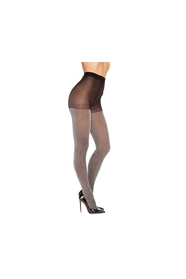 Dreamgirl Collants en Lurex à paillettes avec support en silicone antidérapant pour femme, noir/argent, taille unique