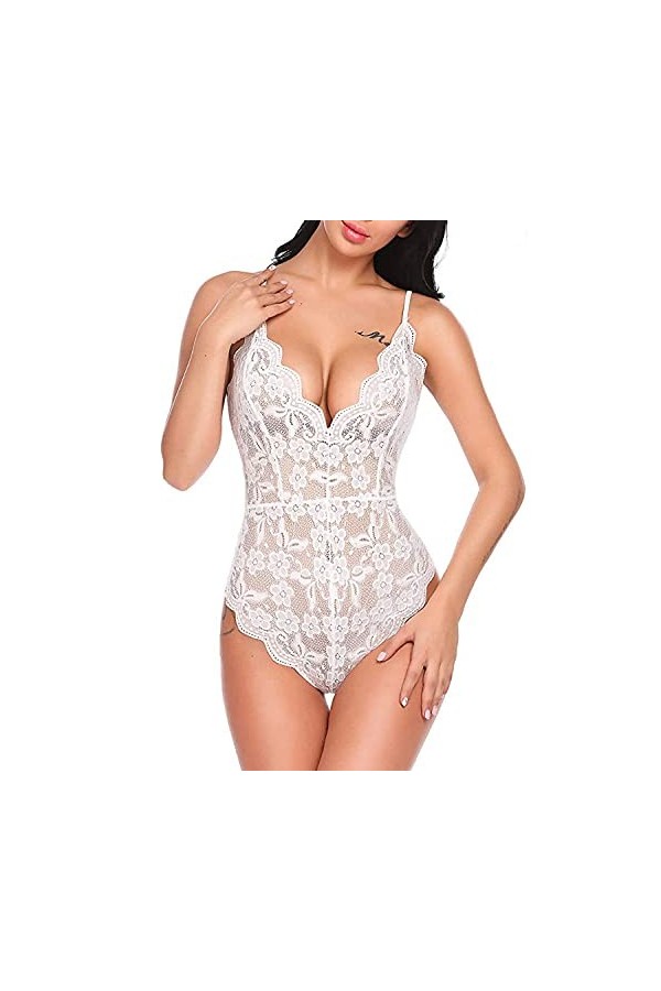 Sexy Pyjama sous-Vêtements Poitrine,Lingerie Sexy Fronde en U,Une-pièce en Dentelle V Profond-Rose_XXXL,Lingerie Sexy Femmes 