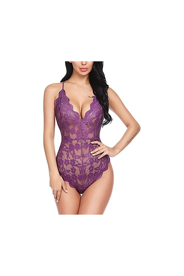 Sexy Pyjama sous-Vêtements Poitrine,Lingerie Sexy Fronde en U,Une-pièce en Dentelle V Profond-Rose_XXXL,Lingerie Sexy Femmes 