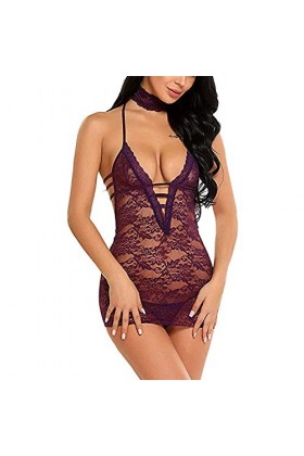 MLLM Ensemble de lingerie sexy en dentelle pour femme - Manteau à trois points - Lingerie sexy en dentelle - Violet - XL