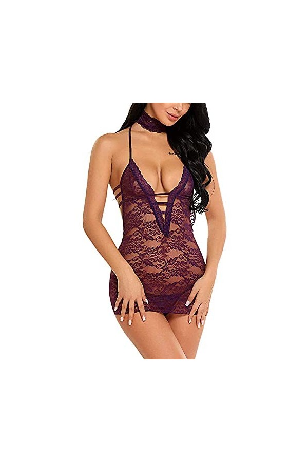 MLLM Ensemble de lingerie sexy en dentelle pour femme - Manteau à trois points - Lingerie sexy en dentelle - Violet - XL