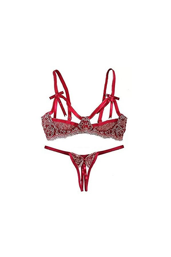 HW.Q Lingerie Femme Sexy Ensemble-Nuisette Sexy Lingerie Sexy Lingerie Seins Ouverts Ensemble Broderie Rouge Arc Ruban Tentat