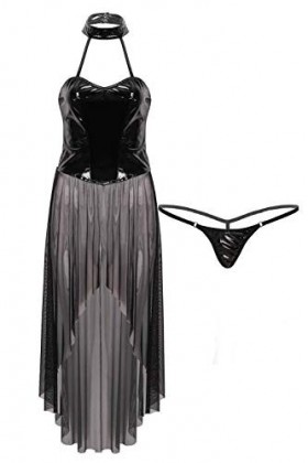 GWSFQ Lingerie Sexy Femmes Halter Neck Crossdressing Dress Sexy sans Manches Haute Split Érotique Robes Longues Transparent N