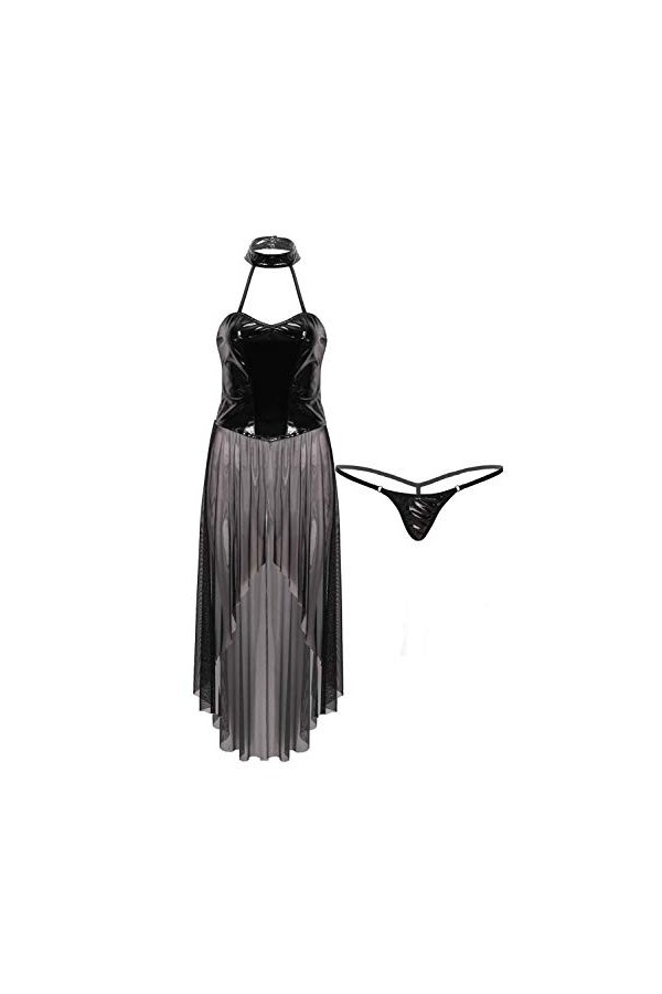 GWSFQ Lingerie Sexy Femmes Halter Neck Crossdressing Dress Sexy sans Manches Haute Split Érotique Robes Longues Transparent N