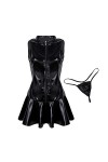 GWSFQ Ensembles De Lingerie Robe Sexy Femme Robe en Latex Col Haut sans Manches Bas Flare Dress-Black_XL