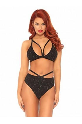 Leg Avenue 81576 Soutien-Gorge en Lurex & Slip Brésilien Or Noir Taille M/L EUR 42-44