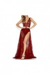 Femmes Sexy Profond V Cou sans Manches Perspective Dentelle Haute Split Party Beach A-Ligne Robe Clubwear,Red,S