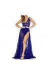 Femmes Sexy Profond V Cou sans Manches Perspective Dentelle Haute Split Party Beach A-Ligne Robe Clubwear,Blue,L