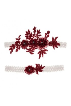 Jarretelles de Mariage en Dentelle brodée de Perles, 2 pièces, Jarretelles Sexy, Anneau de Cuisse de mariée Color : Wine Red