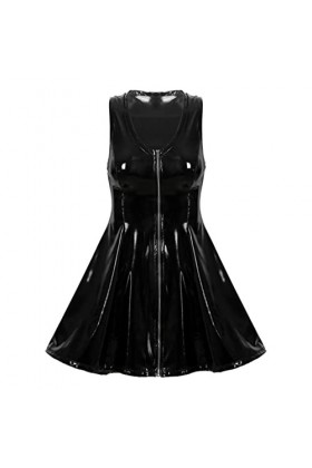 CABULE Robe sexy pour femme en latex effet mouillé avec col en V et fermeture éclair aspect mouillé en cuir verni sans manche