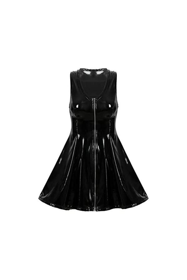 CABULE Robe sexy pour femme en latex effet mouillé avec col en V et fermeture éclair aspect mouillé en cuir verni sans manche
