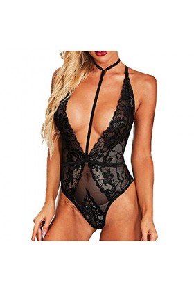 Lingerie pour Le Sexe One Piece Deep V Body Femmes Lingerie Sexy Halter Costumes Exotiques-Black_L