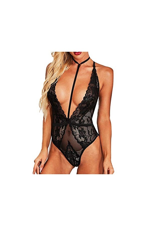 Lingerie pour Le Sexe One Piece Deep V Body Femmes Lingerie Sexy Halter Costumes Exotiques-Black_L