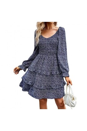 Fehploh été Floral Mini Robe pour Femmes 2023 à Manches Longues col en V décontracté Mini Robe Sexy soirée Robes