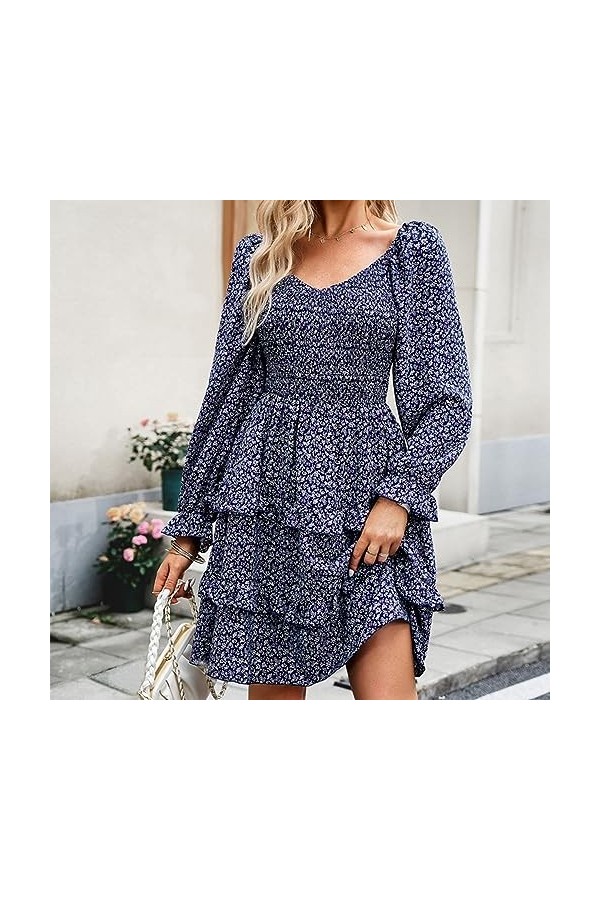 Fehploh été Floral Mini Robe pour Femmes 2023 à Manches Longues col en V décontracté Mini Robe Sexy soirée Robes