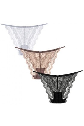 FEOYA Femme Tanga Slips Sexy String Dentelle Florales Ceinture Fine Lingerie Culottes Transparent Confortable Lot de 3 Multic