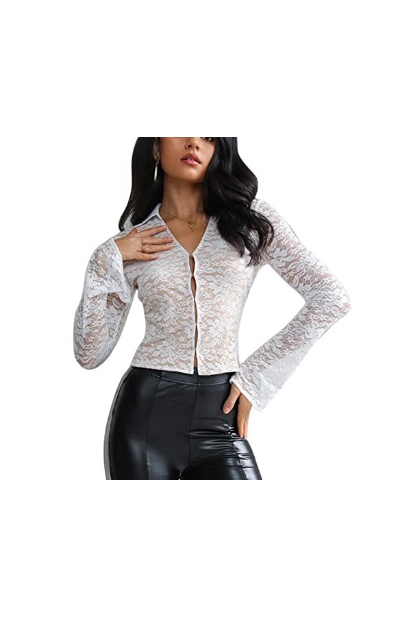 AMONIDA Chemisier à Manches Longues à la Mode, Haut à Manches Longues en Dentelle épissé décontracté à Manches Cloche pour Fe