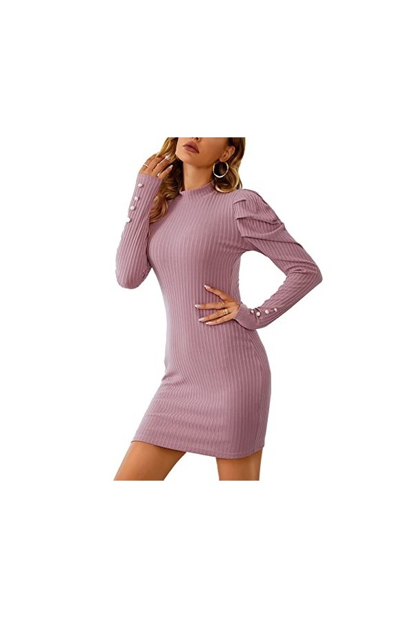 Robe à Manches Bouffantes, Couleur Pure élégante Robe en Tricot côtelé Doux pour Femme Manchette Boutonnée Respirante pour Fl
