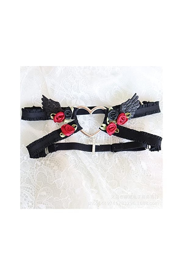 HEIMP Femmes Lolita Harajuku Magnifique Punk Gothique en Forme de Coeur Anneau Pointes élastique Dentelle Jarretelles Ceintur