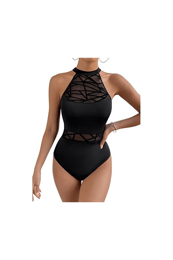 GORGLITTER Body sexy en maille pour femme - Dos nu - Noir - Sans manches, Noir , L